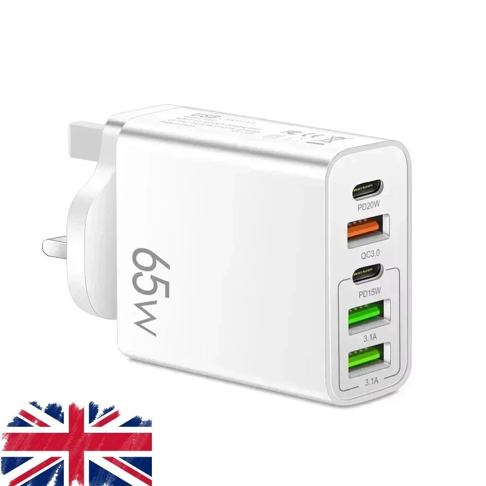 65W 5 Multi-Port Fast Quick Charge USB Hub Mains UK Plug Adapter Wall Charger